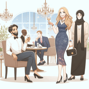 Create a high-quality, modern illustration capturing the essence of crossdresser dating. The image should incorporate elements relevant to meeting and socializing, perhaps depicting a welcoming cafe scene with diverse individuals. Include a depiction of two focal characters; one is a Caucasian, male individual who is happy and elegantly dressed in high-end women's fashion and the other is a Middle-Eastern, male individual, notably less dramatic in his dressing but still defying gender norms. Ensure there are no text or watermarks, and aim for a bright, clean style suitable for lifestyle or blog content.