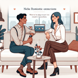 A professionally drawn, modern, blog-style illustration showing a leisurely indoor scene meant for an article about niche romantic connections. There are two stylish individuals, a Latinx fem-presenting person and a South Asian androgynous individual, engaged in a friendly conversation while sitting on a comfortable couch. Both are dressed fashionably, reflecting their personal styles. The room is well-lit to evoke a bright and clean mood. Key elements like a laptop open on a dating site, a cup of coffee, and a plant add to the lifestyle aesthetic without any text or watermarks present. 